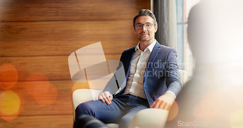 Image of Meeting, space and double exposure with a business man in the office for planning or strategy discussion. Corporate, collaboration and professional employee in the boardroom for a workshop or seminar