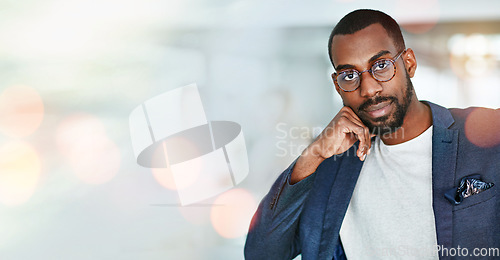 Image of Portrait, business and black man in glasses at office on bokeh mockup space. Face, professional and confident African entrepreneur, consultant and employee worker in company workplace in Nigeria.