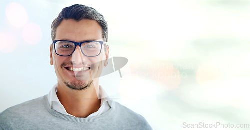 Image of Business, portrait and happy mature man in office with confidence, ambition and good mood with mockup. Face, smile and cheerful male boss excited for startup, agency or company, career or goals