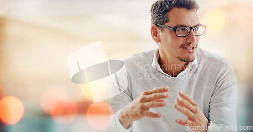 Image of Communication, meeting and businessman in office with mock up space banner for advertising. Discussion, working and professional young male designer talking in workplace with mockup for marketing.