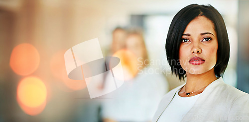Image of Portrait, business and woman with a career, banner and professional with confidence, office and formal. Face, person or consultant in a workplace, overlay or company development with success or bokeh