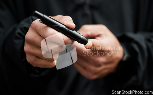 Image of Hands, person and test blood sugar for diabetes, health analysis and medical glucometer results. Closeup, finger and wellness with needle to check insulin, measure glucose risk and diabetic medicine