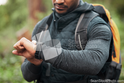 Image of Hand, watch and a man hiking in the forest closeup for freedom, travel or adventure outdoor in nature. Time, fitness and recreation with a hiker in the woods to discover or explore the wilderness
