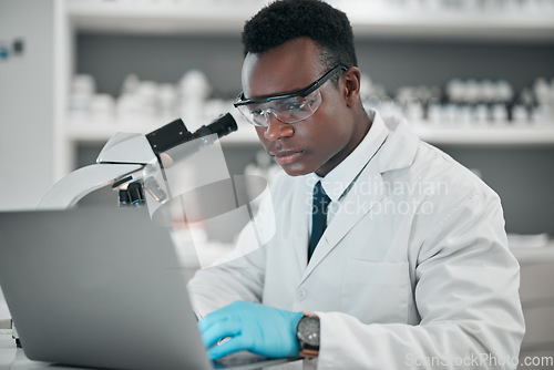 Image of Microscope, laptop and black man with research, medical and typing with data analytics, digital app and chemistry. African person, biologist or scientist with a computer, lab equipment and healthcare