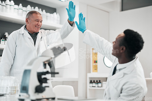 Image of Science men, high five and together in lab, smile or partnership for goals, results or innovation at job. Senior scientist and mentorship with teamwork, congratulations or success in medical research