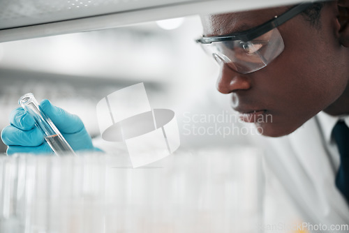 Image of Science, medical or black man with research, test tube or sample with experiment, vaccine development or result. African person, scientist or employee with cure, data analysis or laboratory equipment