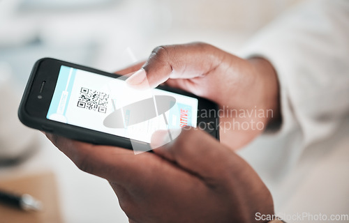 Image of Mobile screen, doctor hands and QR code, test results of drugs, virus or registration on medical phone app. Healthcare, science or pharmacist with online report of clinic, health or negative feedback