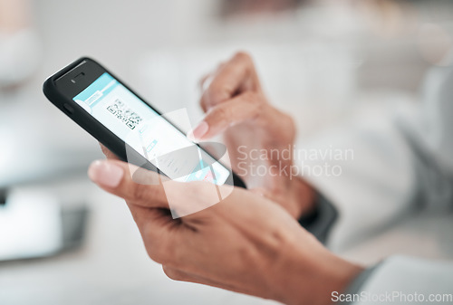 Image of Doctor, hands and code on screen of phone with mobile app, results and click online for vaccine verification or information. Scroll, cellphone and healthcare website, ux and medical barcode or test