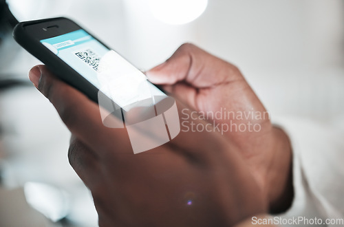 Image of Doctor, hands and code on screen of phone with mobile app, test results and click online for vaccine verification or information. Scroll, cellphone and healthcare website, ux and medical barcode