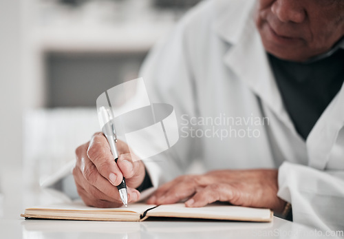 Image of Scientist, writing and planning in notebook for healthcare research, data analysis and goals. vaccine solution or ideas. Hands of science person or doctor for laboratory notes or medical information