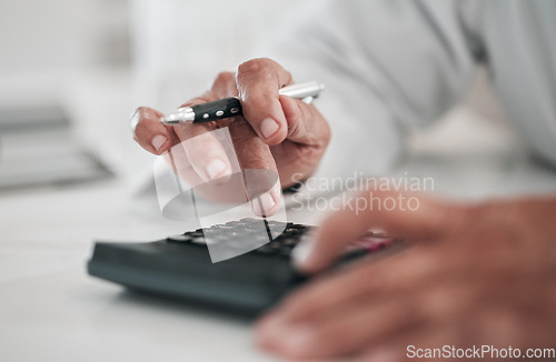 Image of Businessman, typing and hands with a calculator and pen for profit, numbers or working on tax, income or finance report. Accounting, calculations or person with financial budget, planning or saving