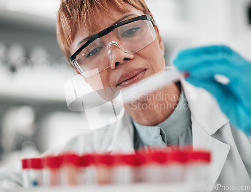 Image of Science, medical and woman with research, test tube and glasses with vaccine development, sample and healthcare. Worker, scientist or person with analysis, experiment and cure with results or eyewear