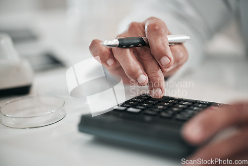 Image of Businessman, writing and hands with a calculator and pen for profit, numbers or working on tax, income or finance report. Accounting, calculations or person with financial budget, planning or saving