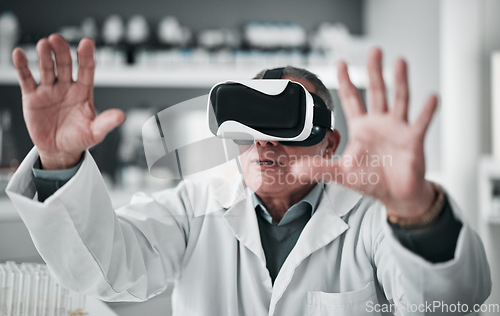 Image of Virtual reality glasses, man and medical with research, science or healthcare metaverse with digital experience. Doctor, researcher or employee with VR eyewear, data analytics or 3d software in a lab