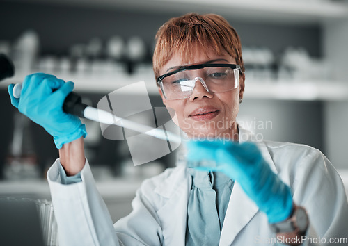 Image of Black woman, scientist and pipette for medical science research, medicine pharmacy or dna blood engineering. Study, dropper or equipment in healthcare analytics test or future vaccine innovation