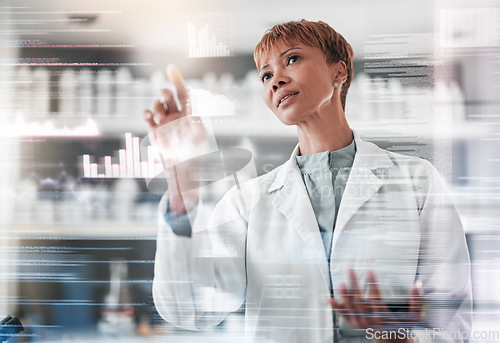 Image of Woman, medical and research with science, hologram and check results with connection, futuristic and digital app. Person, scientist or future with chemistry, holographic or overlay with data analysis