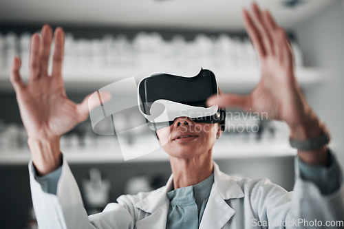 Image of Virtual reality glasses, woman and medical with research, data and scientist with augmented reality. Person, researcher and doctor with VR eyewear, futuristic or healthcare metaverse in a laboratory
