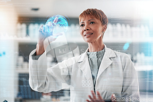 Image of Woman, medical and research with hologram, futuristic or check results with connection, chemistry or digital app. Person, scientist or future with data analysis holographic or overlay with experiment