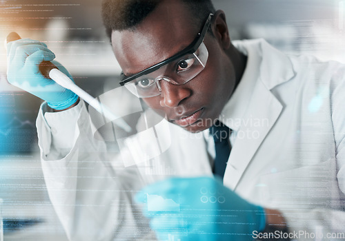 Image of Black man, scientist and pipette for medical science research, medicine pharmacy or dna blood engineering. Study, dropper or equipment in healthcare analytics test or future vaccine innovation