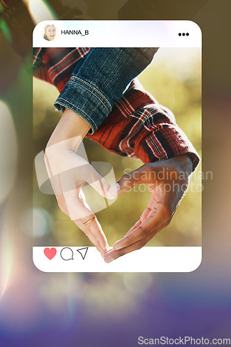 Image of Social media post, heart hands and couple with like emoji, photography and happy relationship announcement. Love icon status, man and woman in story overlay, influencer and content creation update.