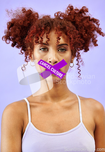 Image of Cancel culture, overlay and silence with portrait of woman with tape in studio for censorship, social media and cyber bullying. Free speech, opinion and voice with person on purple background
