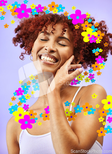 Image of Beauty, hologram and face of woman with flowers for wellness, skincare and facial in studio. Dermatology overlay, spa aesthetic and happy person on purple background for cosmetics, smile and makeup