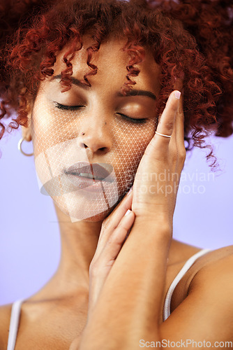 Image of Woman, facial recognition and beauty with overlay in studio, red curls and dermatology with makeup on purple background. Hair care, face and cosmetics, model from Brazil with 3D rendering or hologram