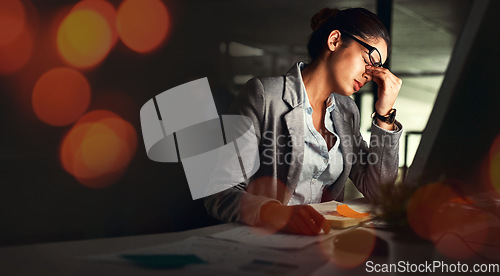 Image of Business, night and woman with a headache, overlay and overworked with financial audit, tax and pain. Person, employee and worker with a migraine, tired and burnout with stress, dark and frustrated