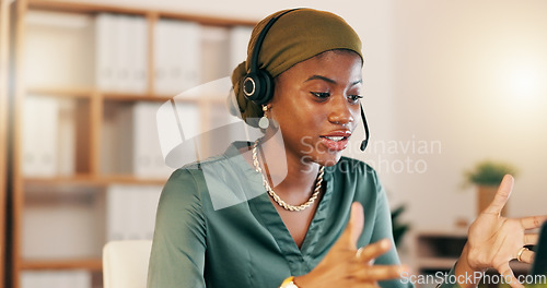 Image of Telemarketing, customer service and black woman speaking, call center and agent in workplace. African American female employee, consultant and worker with headset, tech support and explain new system