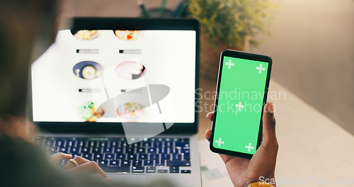 Image of Laptop, green screen and phone in hands for food delivery order, restaurant menu and online shopping catalog. Person on ecommerce website or omnichannel choice for lunch on cellphone chromakey mockup