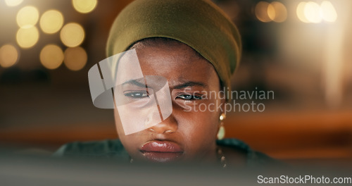 Image of Face, reading frown and computer with a business black woman in her office, working on a report, review or proposal. Search, email or schedule with a young employee doing research while looking at a