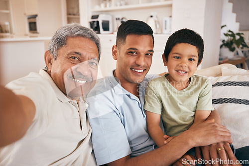 Image of Family, selfie and living room with a smile, dad and child together with grandpa and love. Bonding, sofa and happy father with a young boy and senior man with photo for social media post with kid