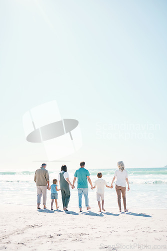 Image of Big family, beach and summer vacation on mockup in travel, outdoor holiday or together on sunny day. Rear view of parents, grandparents or kids on ocean coast in fun bonding or break at sea in nature