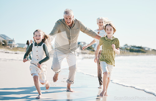 Image of Running, happy and grandparents with children on beach for energy, freedom and summer vacation. Love, relax and travel adventure with family on seaside holiday for health, bonding and games together