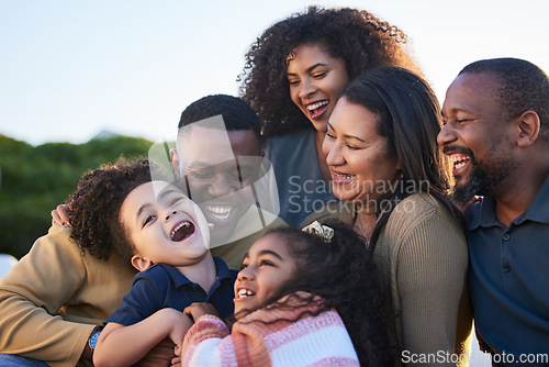 Image of Children, parents and grandparents laughing outdoor at park to relax for summer vacation. African men, women and kids or funny family together for holiday with love, care and fun bonding in nature