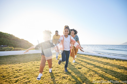 Image of Nature, kids and excited family running, having fun and playing games, chase and bonding on countryside vacation. Energy, freedom and happy children, mother and father love, care and smile on field