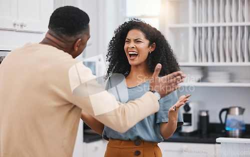 Image of Divorce, stress and angry couple screaming in a kitchen for debt, mistake or commitment doubt at home. Marriage, conflict and man with woman in house for infertility, anxiety or erectile dysfunction