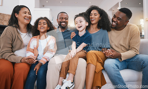 Image of Family, happy grandparents and children on sofa with smile for bonding, relationship and love. Home, living room and senior parents with mother, father and kids together for happiness, joy and relax