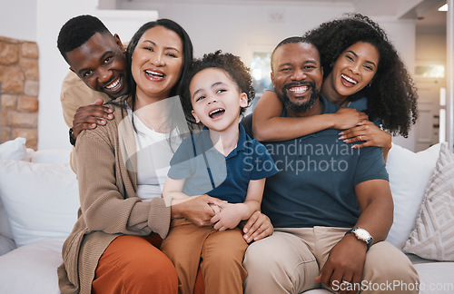 Image of Family, grandparents and portrait of child on sofa with smile for bonding, relationship and love. Home, living room and senior parents with mom, dad and kid together for happiness, joy and relax