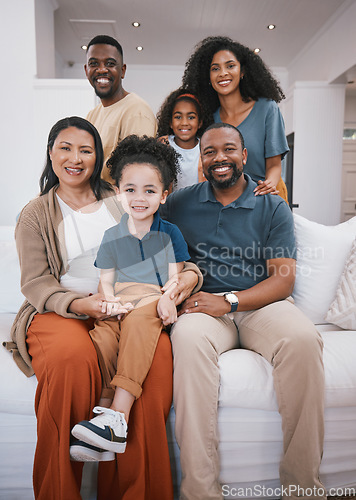 Image of Family, grandparents and portrait of children on sofa with smile for bonding, relationship and love. Home, living room and senior parents with mom, dad and kids together for happiness, joy and relax