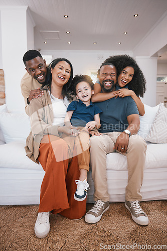 Image of Happy, portrait and family generations on a sofa hugging in the living room of modern house. Love, smile and child with parents and grandparents relaxing together in the lounge of home in Colombia.