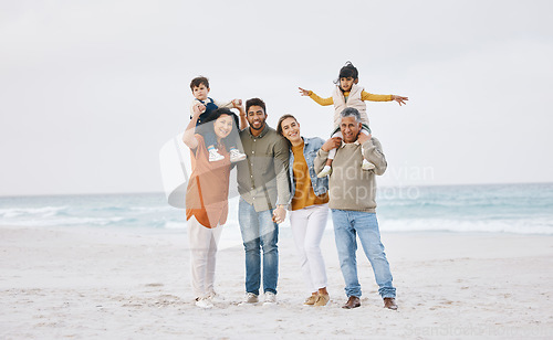 Image of Big family, portrait and happy vacation on beach with children, parents and grandparents together with peace and freedom. Rio de janeiro, holiday and people with love, support and happiness in nature