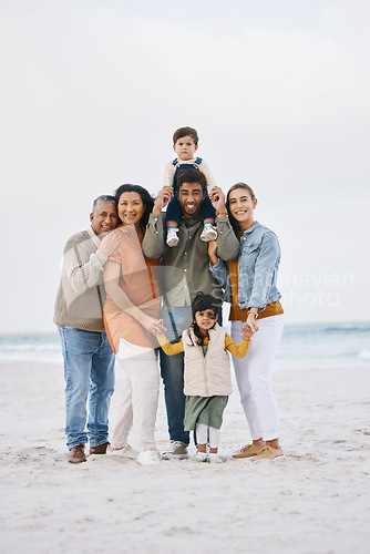 Image of Big family, portrait and happy vacation on beach with children, parents and grandparents together with peace and freedom. Rio de janeiro, holiday and people with love, support and happiness in nature