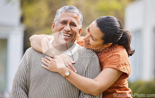 Image of Love, happy and hug with portrait of old couple for support, romance or bonding. Retirement, smile and marriage with senior man and woman in backyard of home for relationship, care and relax together