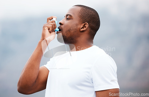 Image of Black man with asthma, inhaler and health, fitness and run outdoor with medicine and lungs. Sick, healthcare and wellness with athlete training, pump and breathe for sports with medical product