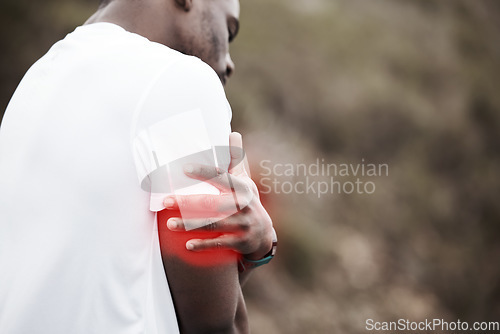 Image of Arm, joint pain and man with fitness injury, health and wellness with red overlay, medical emergency and inflammation. Mockup space, training outdoor and muscle tension with glow and fibromyalgia