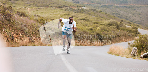 Image of Outdoor, running and black man with fitness, cardio and training with wellness, fresh air and challenge. African person, runner and athlete with workout, exercise and endurance with health and energy