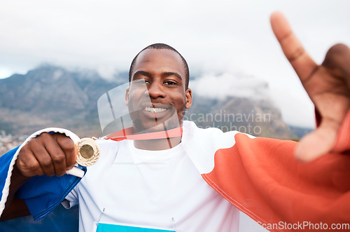 Image of Winner portrait, flag or black man with gold medal, emoji sign and pose for marathon runner, competition or champion picture. Target success photo, achievement or France athlete with race prize award