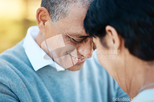 Image of Smile, connection and senior couple embracing in a park on a romantic date together in nature. Love, happy and elderly man and woman in retirement hugging for care, marriage or support in a garden.