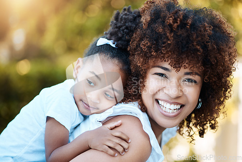 Image of Portrait, happy mother and piggyback child in park, bonding and having fun together. Face, mom smile and carrying kid in nature, care and support in healthy relationship, connection and love outdoor